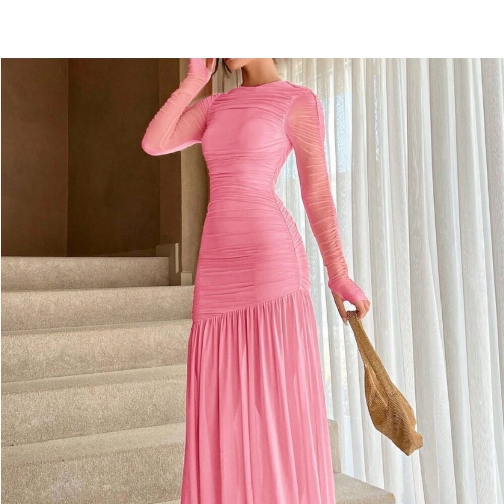 Elegant Round Neck Long Sleeve Dress Pink